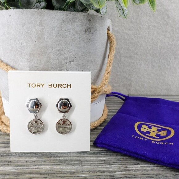 Tory Burch Hexagon Circle Logo Drop Earrings Silver OS - Picture 9 of 12